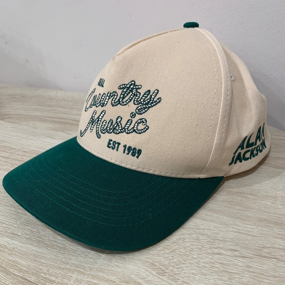 Alan Jackson Real Country Music Est 1989 Snapback Hat Cream Green Vintage Style